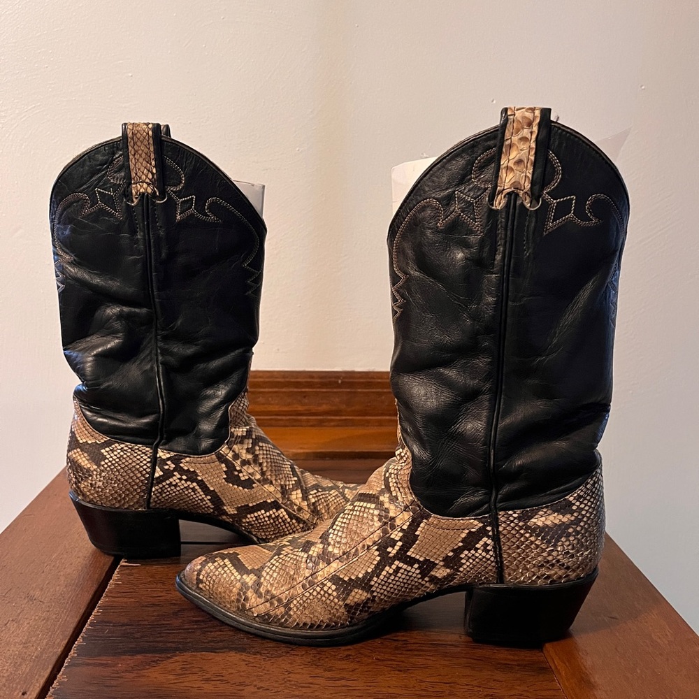 Larry Mahan Genuine Python Snakeskin and Black Leather Cowboy Boots 7.5